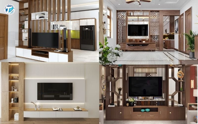 Tủ Tivi Hiện Đại Đẹp Kết Hợp Vách Lam Gỗ Phá Cách